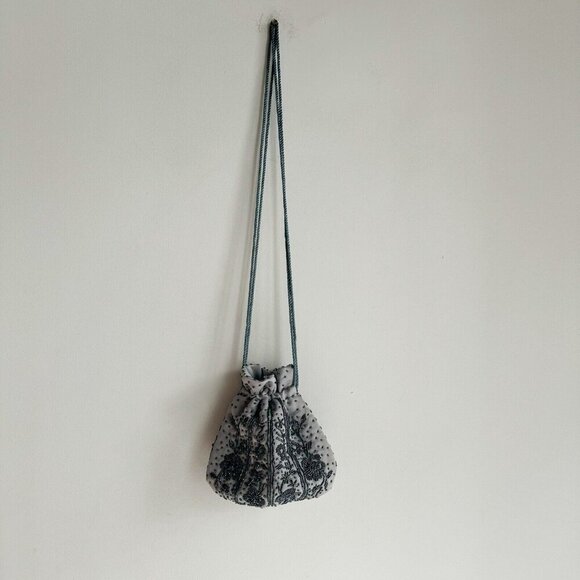 Light Grey Beaded Satin Drawstring Evening Purse - Picture 11 of 11